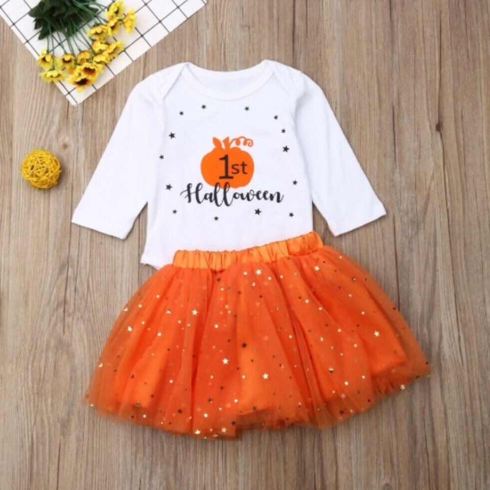 Girl girls toddler outfit onesie skirt First Halloween pumpkin orange new - Picture 1 of 5